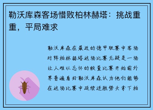 勒沃库森客场惜败柏林赫塔：挑战重重，平局难求