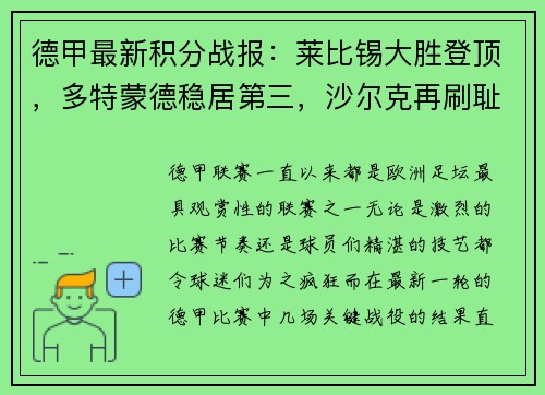 德甲最新积分战报：莱比锡大胜登顶，多特蒙德稳居第三，沙尔克再刷耻辱纪录