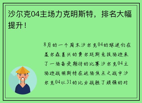 沙尔克04主场力克明斯特，排名大幅提升！