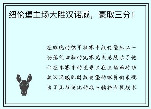 纽伦堡主场大胜汉诺威，豪取三分！