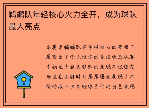 鹈鹕队年轻核心火力全开，成为球队最大亮点