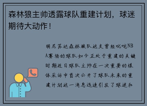 森林狼主帅透露球队重建计划，球迷期待大动作！