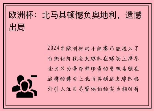 欧洲杯：北马其顿憾负奥地利，遗憾出局
